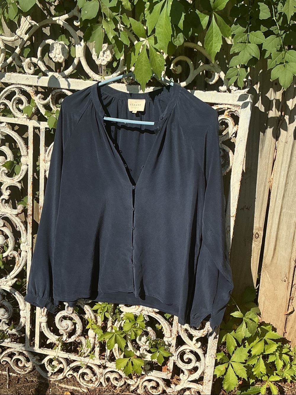 Navy Silk Button-Down Blouse